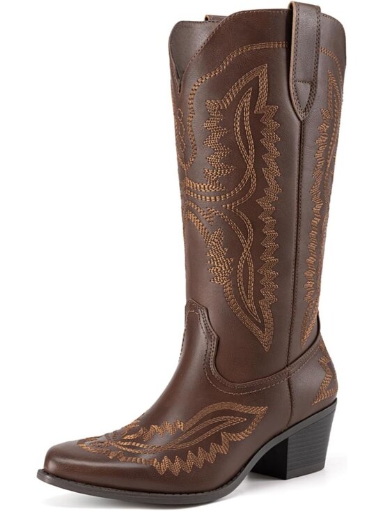 Shoes - Women's Brown Leather Square Toe Embroidery Western Mid Calf Cowgirl Boots